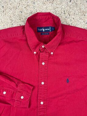 VTG Ralph Lauren Button Up Shirt Long Sleeve Solid Red Size Large Cotton w Logo